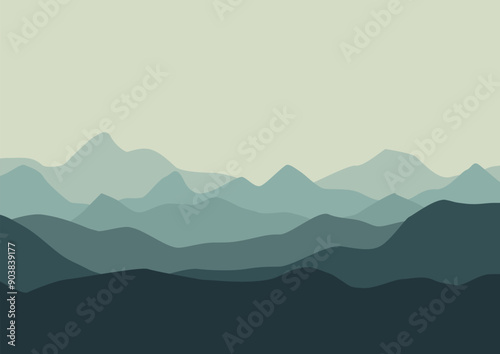 A panoramic vector illustration of mountain layers.
