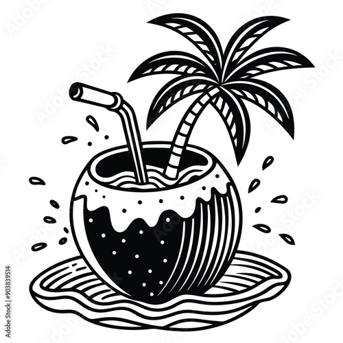 A vivid and lively illustration of a coconut on a beach, designed to be printed on a T-shirt.