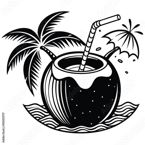 A vivid and lively illustration of a coconut on a beach, designed to be printed on a T-shirt.