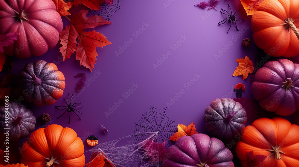 Vibrant Halloween scene with colorful pumpkins, autumn leaves, and spider webs against a rich purple backdrop Vibrant Halloween scene with colorful pumpkins, autumn leaves, and spider webs against a rich purple backdrop