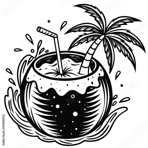 A vivid and lively illustration of a coconut on a beach, designed to be printed on a T-shirt.