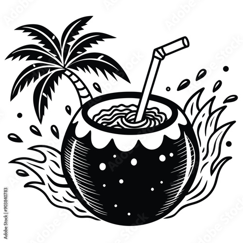 A vivid and lively illustration of a coconut on a beach, designed to be printed on a T-shirt.