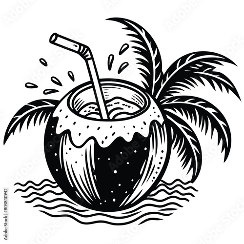 A vivid and lively illustration of a coconut on a beach, designed to be printed on a T-shirt.