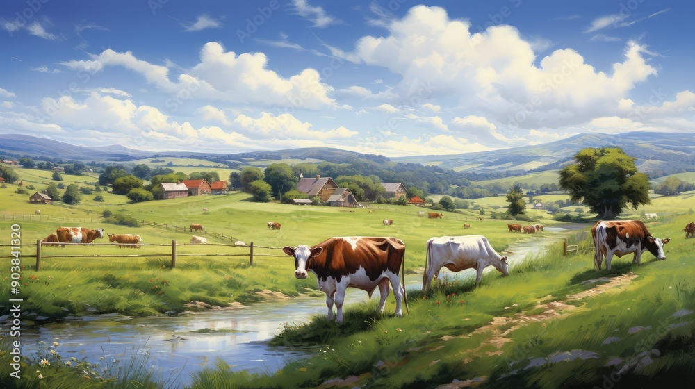 Fototapeta premium cows field oranic farm