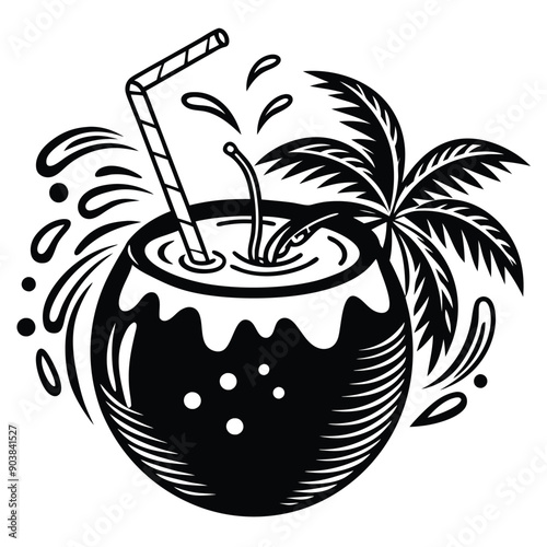 A vivid and lively illustration of a coconut on a beach, designed to be printed on a T-shirt.