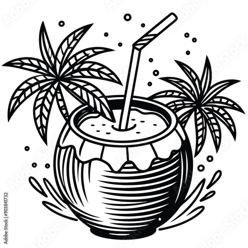A vivid and lively illustration of a coconut on a beach, designed to be printed on a T-shirt.