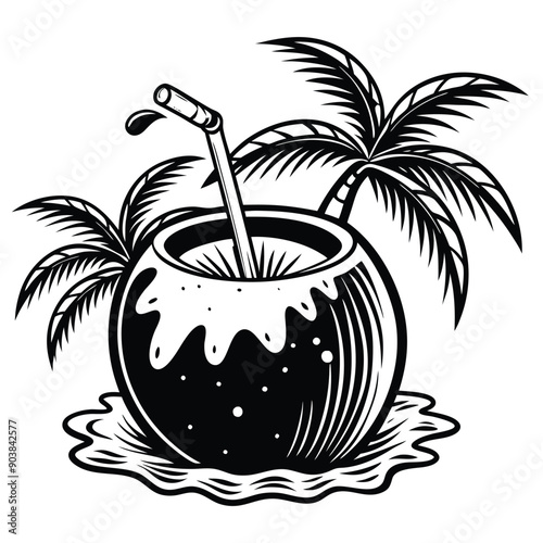 A vivid and lively illustration of a coconut on a beach, designed to be printed on a T-shirt.