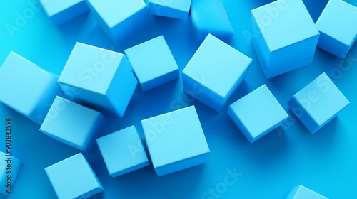 Glossy Cubes arranged precisely in blue, contemporary tech wallpaper. 3D rendering.