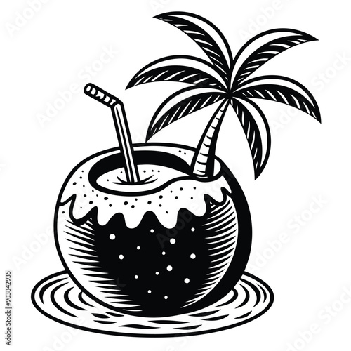 A vivid and lively illustration of a coconut on a beach, designed to be printed on a T-shirt.