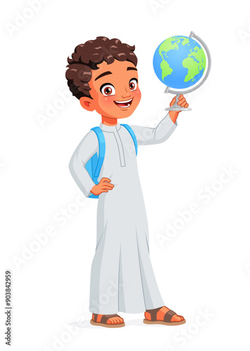Happy Arab school boy holding a globe. Cartoon vector isolated illustration.