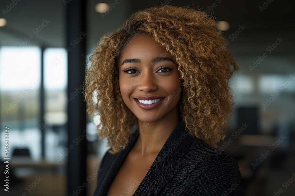 Obraz premium An office portrait of a confident black business woman working hard. Stock image.