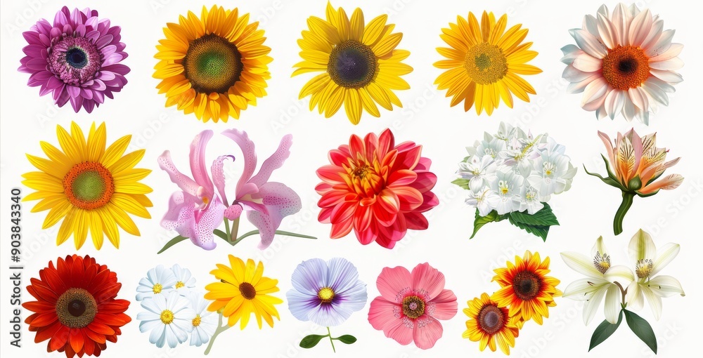 set of various flowers isolated on a transparent background, including sunflowers and daisies, chrysanthemums and orchids, roses and lilies. set of various flowers isolated on a transparent background, including sunflowers and daisies, chrysanthemums and orchids, roses and lilies.