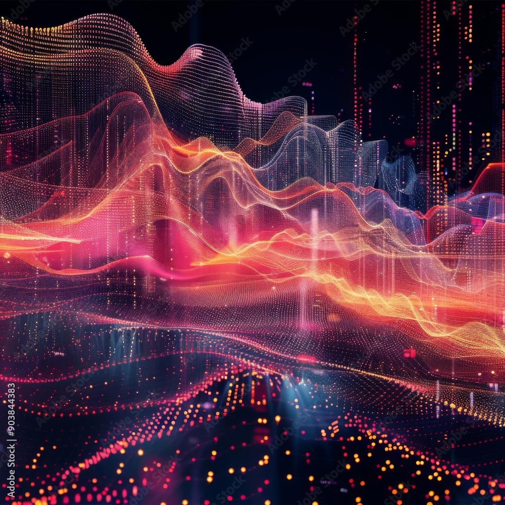 Abstract digital landscape with glowing lines and data points. Abstract digital landscape with glowing lines and data points.