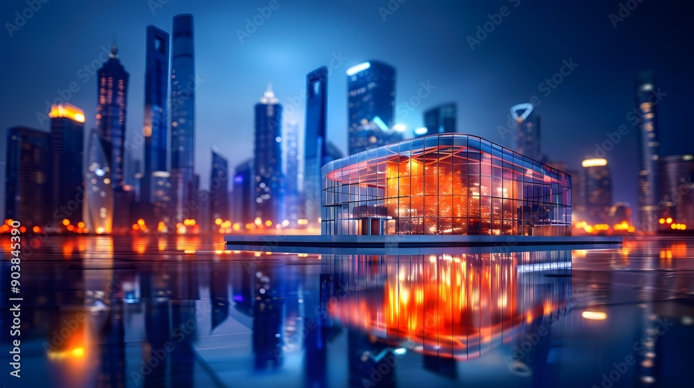 Midnight Glow: Illuminated Glass Building in Urban Night Cityscape Midnight Glow: Illuminated Glass Building in Urban Night Cityscape