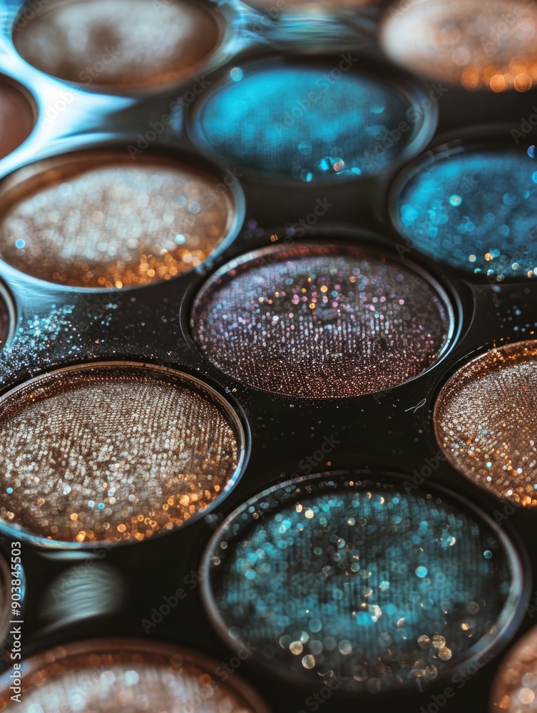 A close-up view of a tray filled with various eyeshadows, great for beauty and cosmetics use