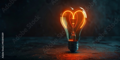 Warm glowing heart-shaped light bulb symbolizing creativity, love, and innovative ideas on a dark background.