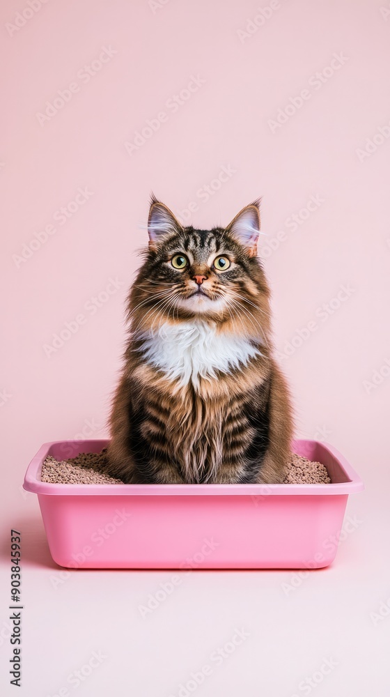 Fluffy Cat Sitting in Litter Box, Pastel Colors Fluffy Cat Sitting in Litter Box, Pastel Colors