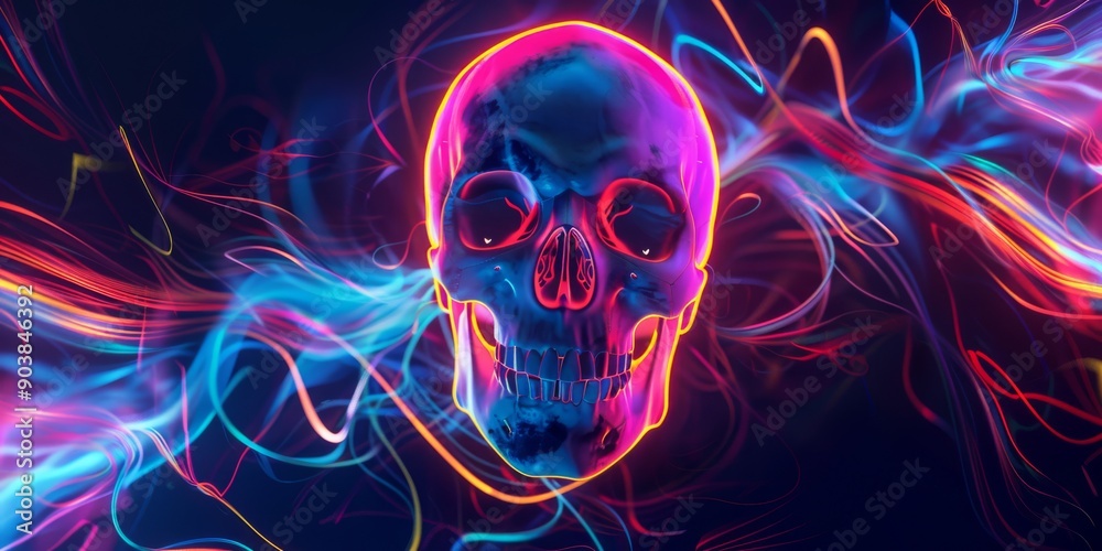 Vibrant Neon Skull with Flowing Light Trails Vibrant Neon Skull with Flowing Light Trails