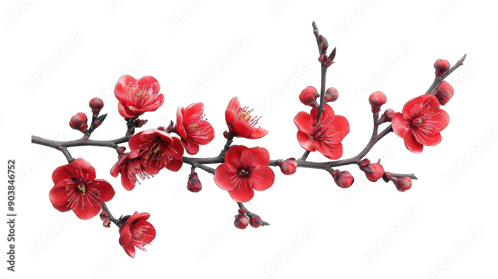 Naklejka premium Branch of red flowers with fruit plant isolated on transparent background cutout PNG