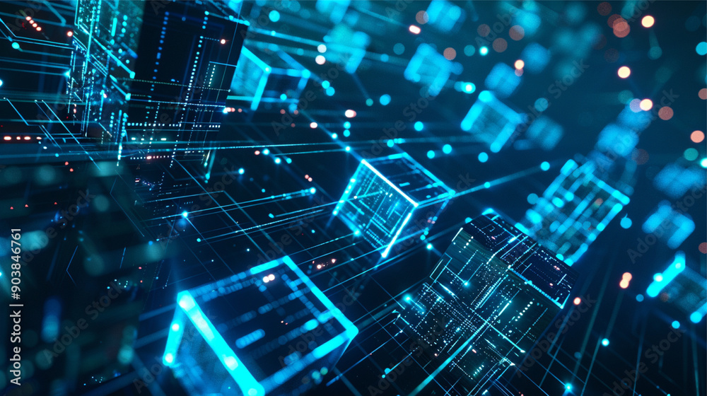 3d render, abstract background with blue cubes and neon lights. 3d render, abstract background with blue cubes and neon lights.