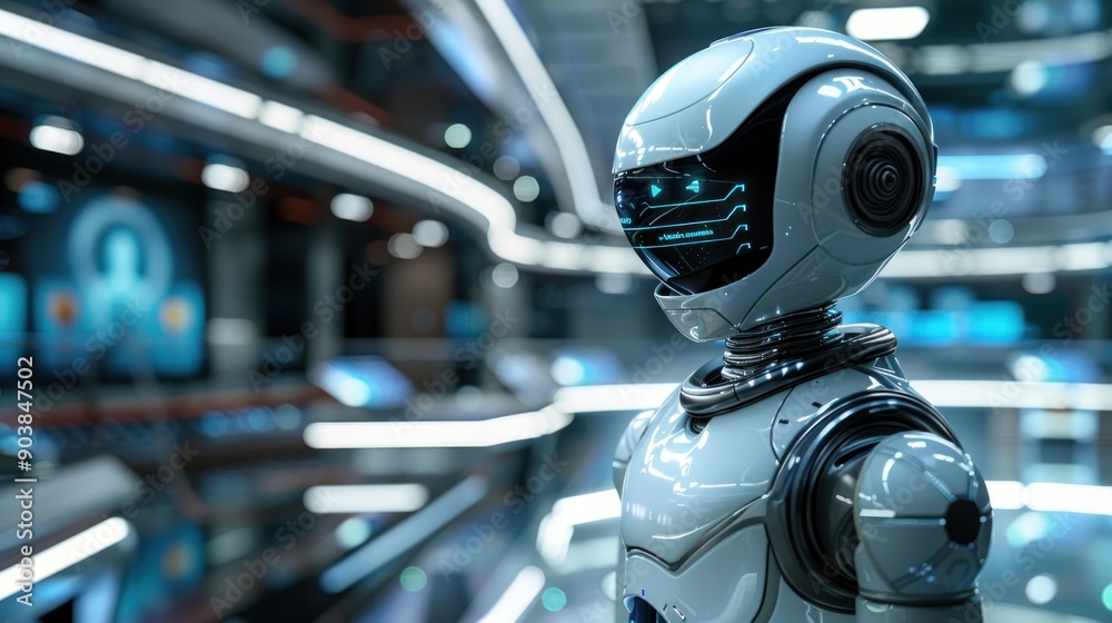 A futuristic news station features an AI robot reporter with a sleek, minimalist design. The robot's smooth, silver surface reflects the studio lights, and its digital eyes convey intelligence. The A futuristic news station features an AI robot reporter with a sleek, minimalist design. The robot's smooth, silver surface reflects the studio lights, and its digital eyes convey intelligence. The