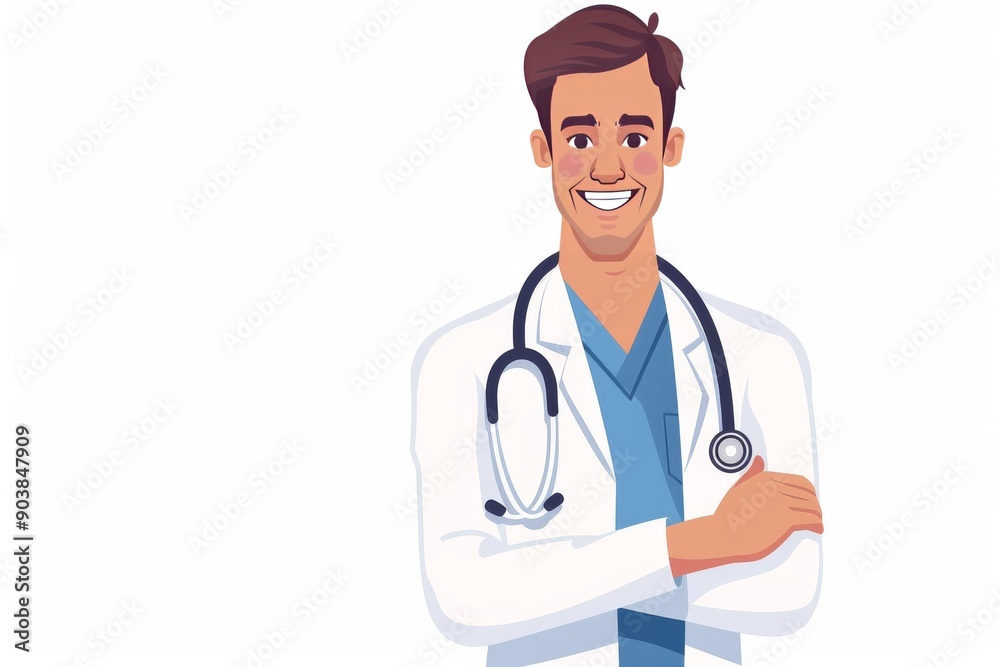 Fototapeta premium Smiling male doctor with stethoscope symbolizing healthcare medical care and patient trust.
