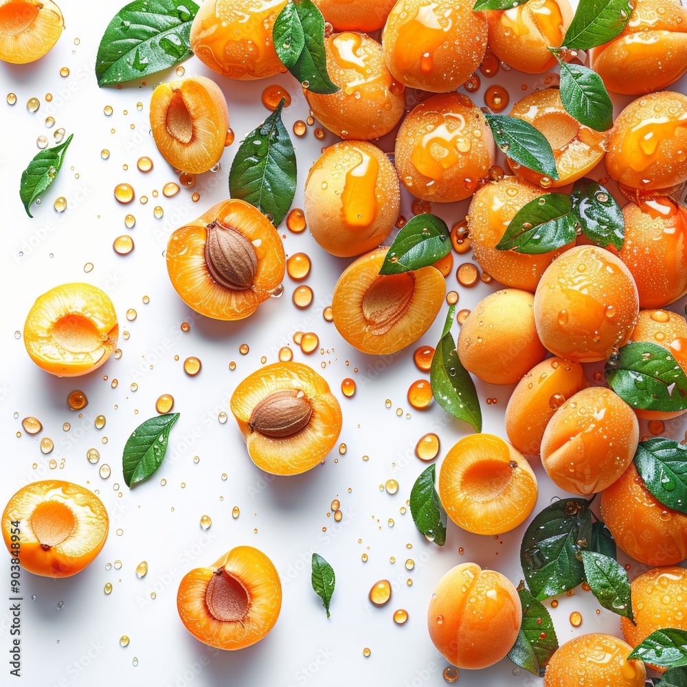 Apricots and half slices suspended in the air, with green leaves, on a pure white background. Generative AI Apricots and half slices suspended in the air, with green leaves, on a pure white background. Generative AI
