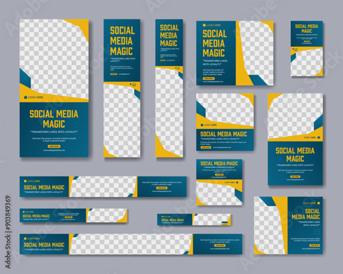 Social media banner templates featuring a vibrant yellow and blue color, perfect for creating eyecatching posts and banners online