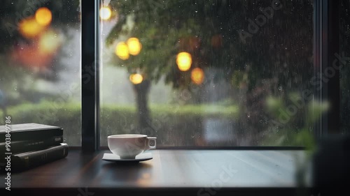 Rain and raindrops falling on the window glass, hot coffee and a book on a cozy cafe table, comfortable rest and ASMR of the sound of rain, emotional scenery of rain
