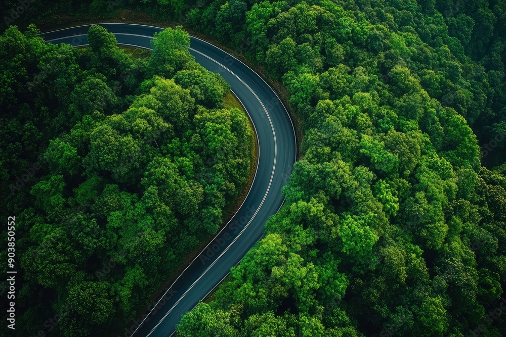 Aerial view asphalt road on green forest, Curve asphalt road on mountain green forest, Countryside road passing green forrest and mountain , ai