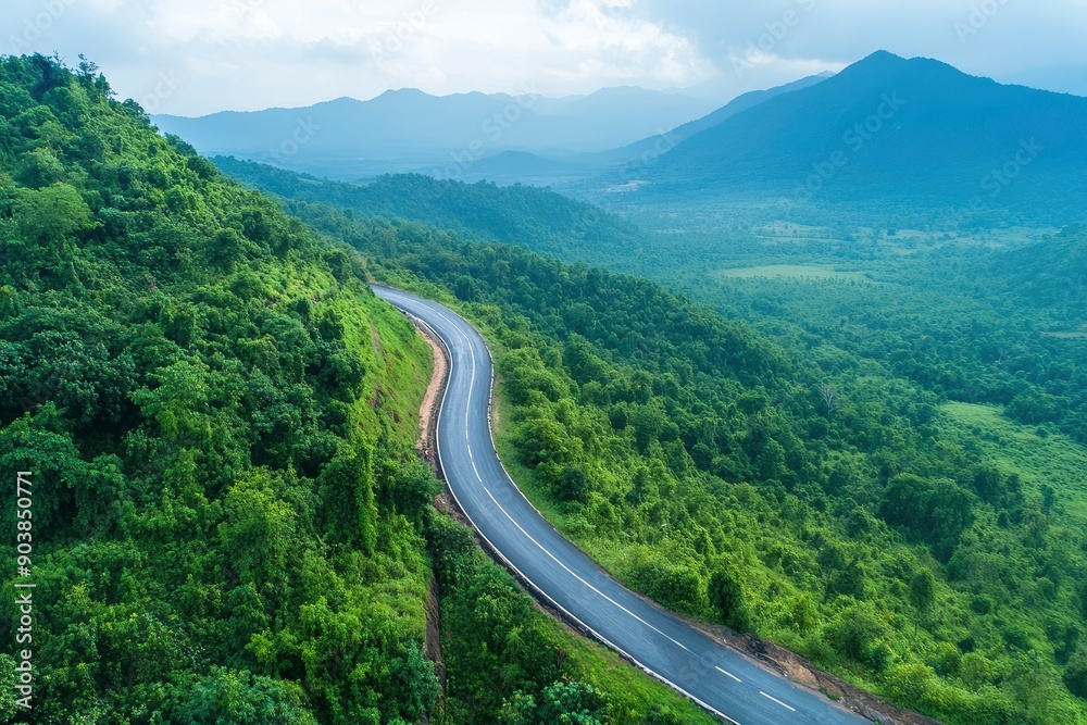 Aerial view asphalt road on green forest, Curve asphalt road on mountain green forest, Countryside road passing green forrest and mountain , ai Aerial view asphalt road on green forest, Curve asphalt road on mountain green forest, Countryside road passing green forrest and mountain , ai