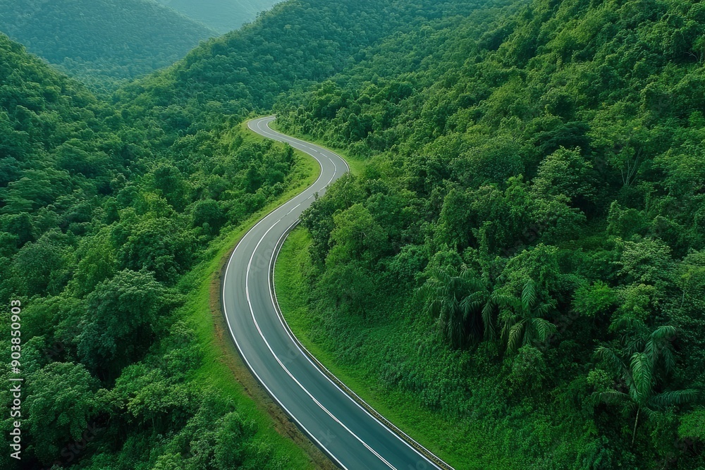 Aerial view asphalt road on green forest, Curve asphalt road on mountain green forest, Countryside road passing green forrest and mountain , ai