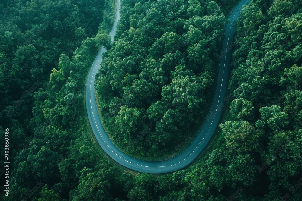 Aerial view asphalt road on green forest, Curve asphalt road on mountain green forest, Countryside road passing green forrest and mountain , ai