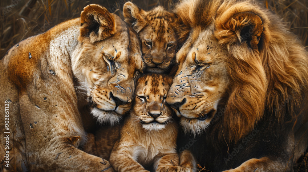 Tender Moment in Lion Family, Pride of Lions in Close Embrace