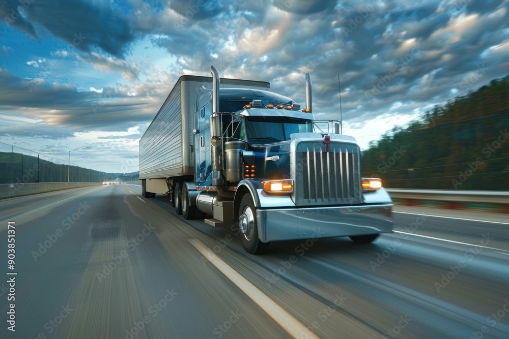 Semi-truck with a large trailer in motion on a highway Semi-truck with a large trailer in motion on a highway