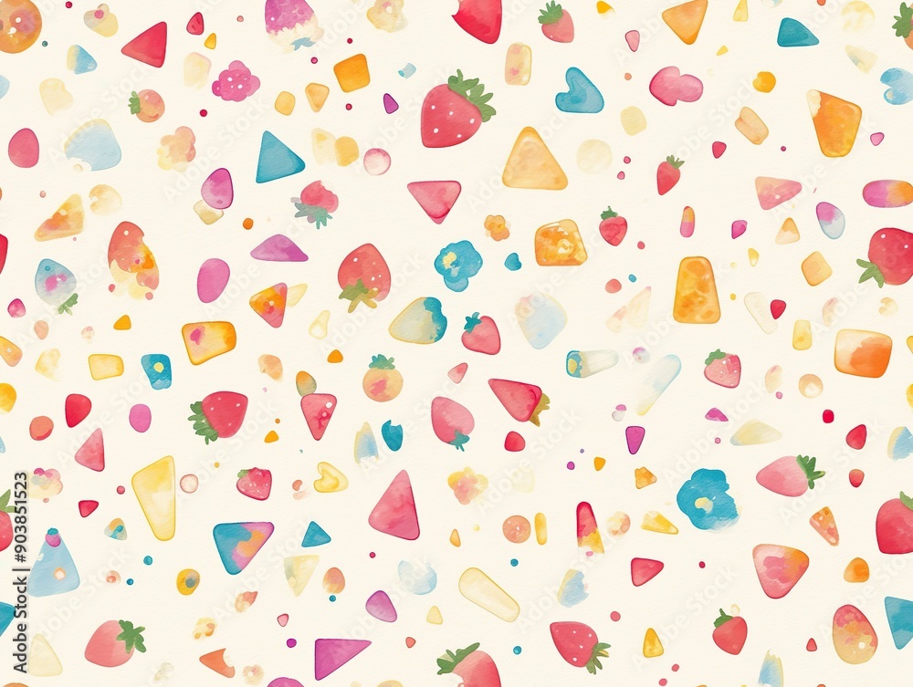 Watercolor painting of strawberries in raindrops painted in cubist style with soft pastel colors seamless pattern