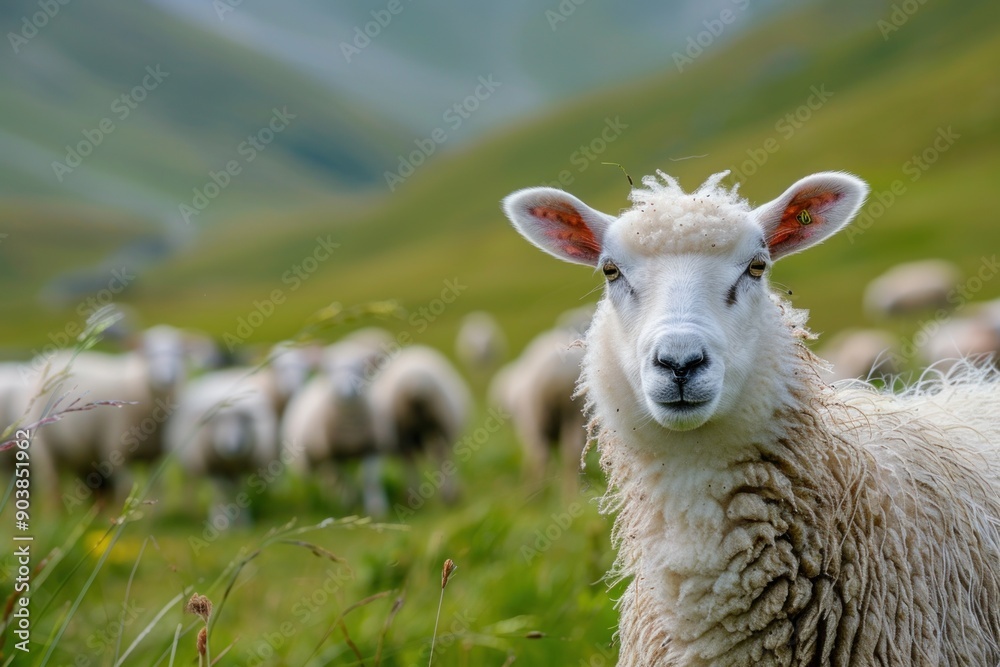 Sheep on pasture. Group of sheep in meadow. One sheep looking at camera and herd in background Sheep on pasture. Group of sheep in meadow. One sheep looking at camera and herd in background