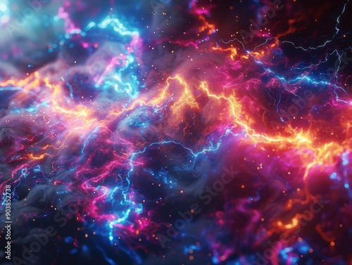 Abstract background with vibrant electric lightning bolts in blue, orange and pink colors.