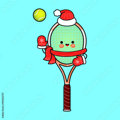 Funny smiling happy Tennis racquet and christmas hat. Vector flat cartoon character illustration icon design. Isolated on blue background