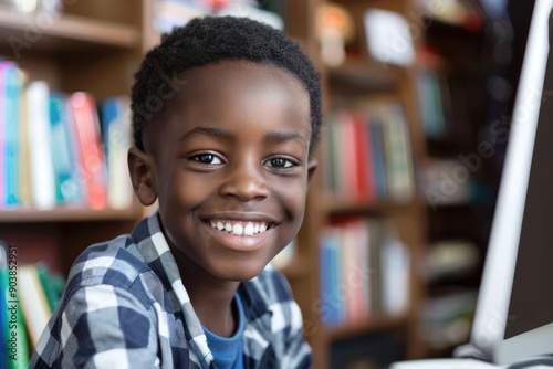 Smiling african american school boy studying online. Young black boy looking at computer