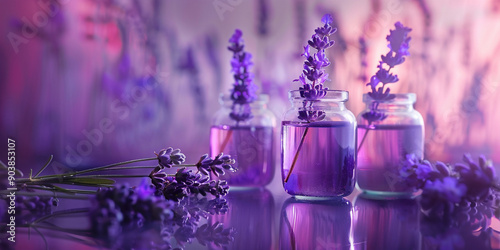  Lavender hydrolat in glass bottle with flowers on podium aromatherapy concept
 photo