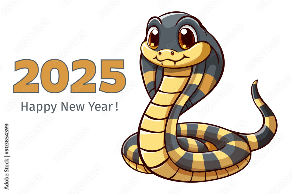 Fototapeta premium Chinese New Year 2025 Illustration, elegant snake and text on isolated white background, vector. Snake label, poster, calendar. 