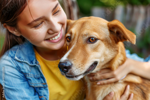 Woman volunteer lovingly petting a brown dog in an animal shelter, highlighting care and compassion for homeless pets. © Tanya