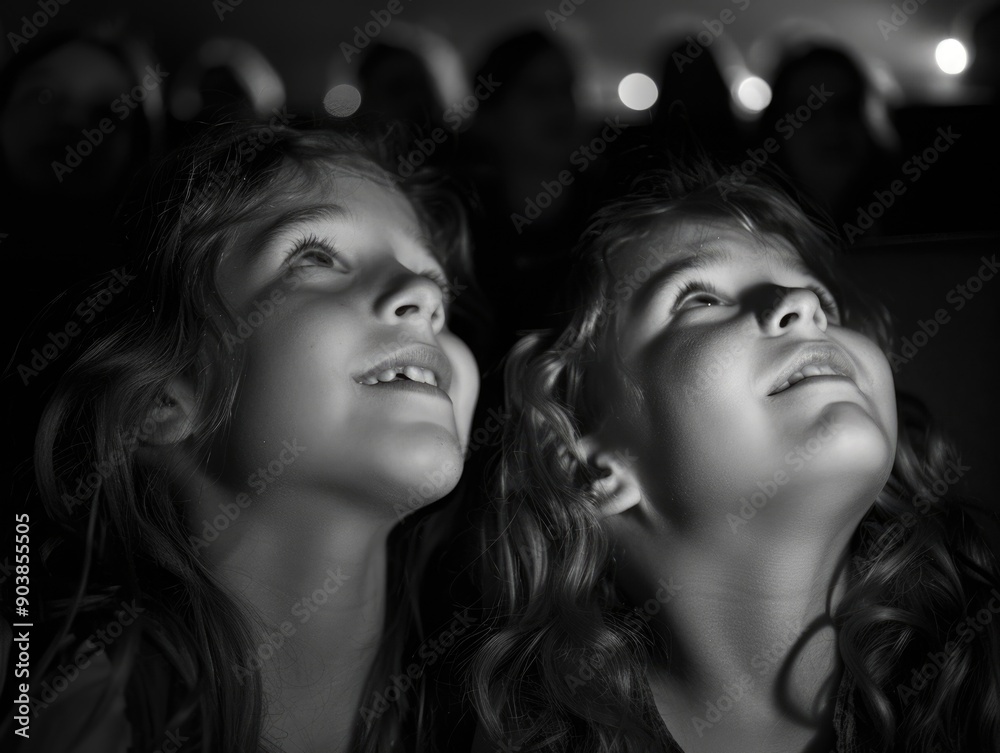 Two young girls standing together, looking upwards towards the sky Two young girls standing together, looking upwards towards the sky