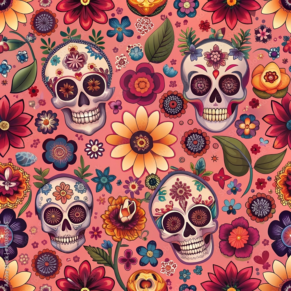 Day of the dead seamless pattern with skulls and flowers on red background. Traditional mexican Halloween design for Dia De Los Muertos holiday party. Day of the dead seamless pattern with skulls and flowers on red background. Traditional mexican Halloween design for Dia De Los Muertos holiday party.