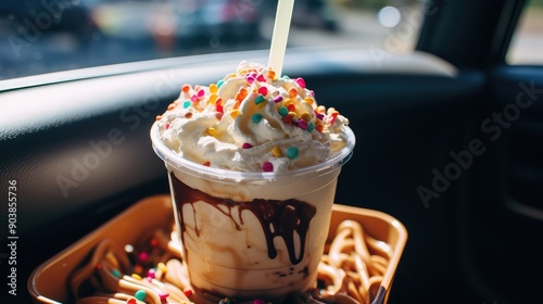 close iced coffee in car photo