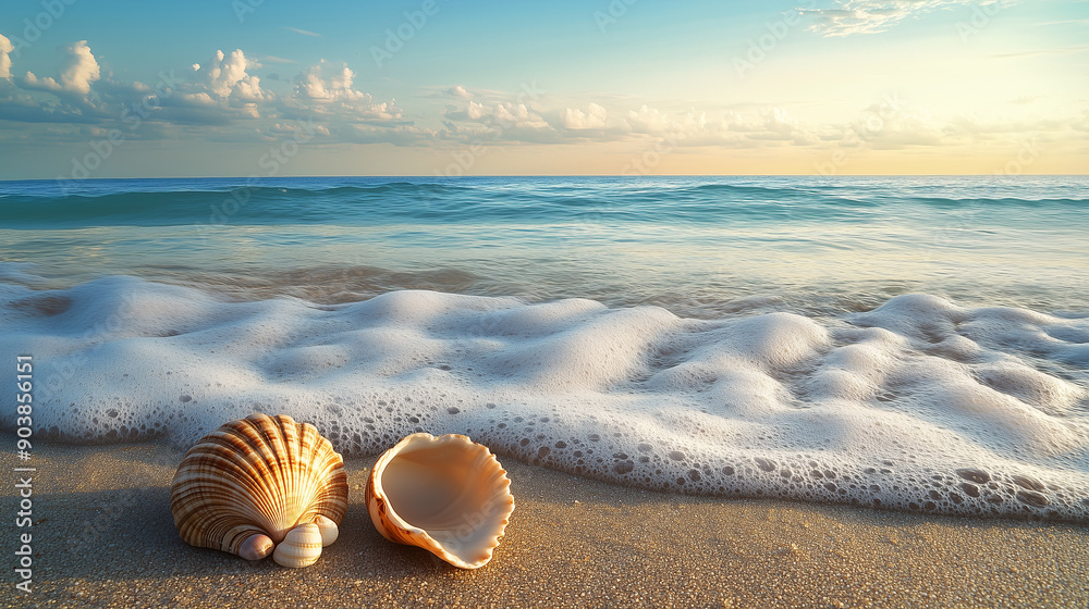 Serene Beach Morning with Seashells and Gentle Waves Serene Beach Morning with Seashells and Gentle Waves