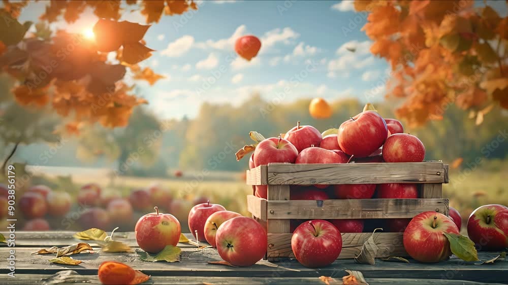 A rustic wooden crate filled with red apples sits on a wooden plank surrounded by fallen autumn leaves.  The setting sun casts a warm glow over the scene.
