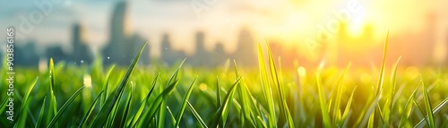 Close-up of fresh green grass blades with a blurred city skyline in the background at sunrise, capturing urban nature harmony.  © Yuparet