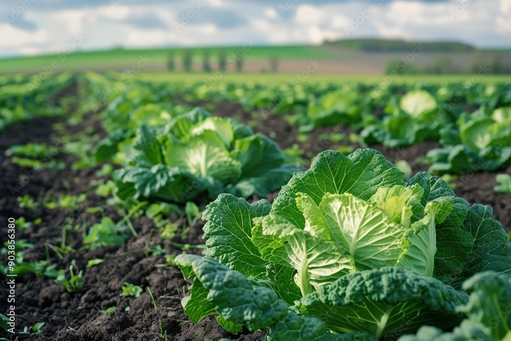 The vegetable field is full of green cabbage, which stands out against the background of other crops in an endless row on farm land. The vegetable field is full of green cabbage, which stands out against the background of other crops in an endless row on farm land.